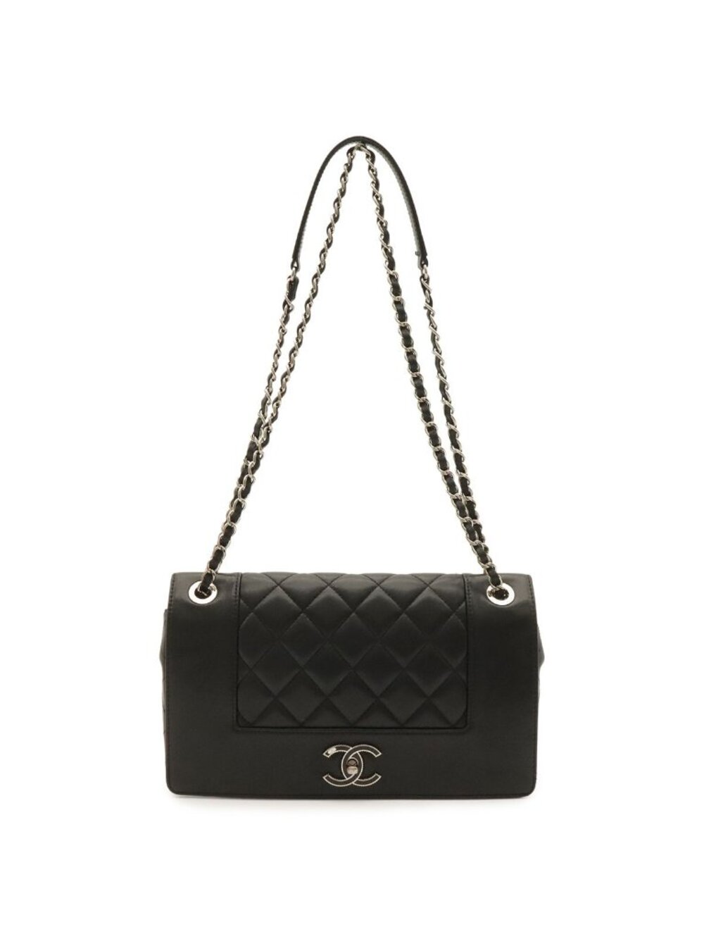 Chanel Mademoiselle Vintage Double Flap Chain Shoulder Bag Leather Black Silver